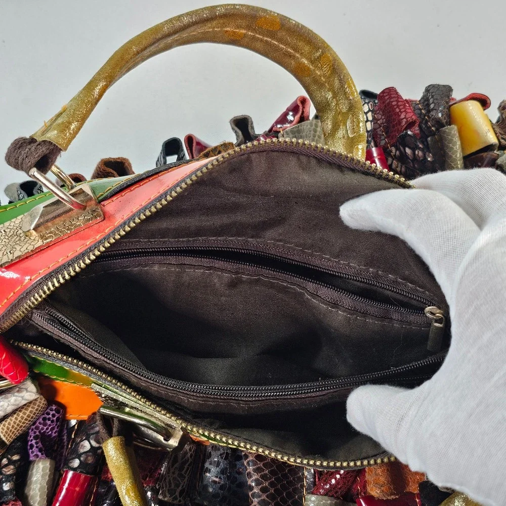 Arianna Dini Clara Handmade‎ Patchwork Leather Satchel Bag Textured Loops Boho